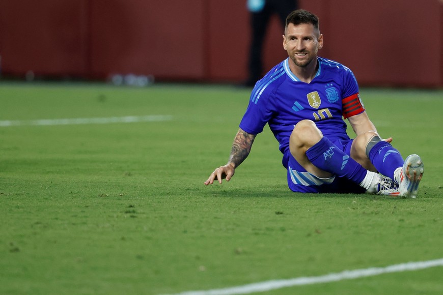 Jun 14, 2024; Landover, Maryland, USA; Argentina midfielder Lionel Messi (10) reacts after missing a shot against Guatemala in the second half at Commanders Field. Mandatory Credit: Geoff Burke-USA TODAY Sports