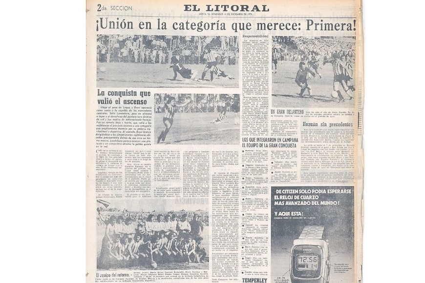 La cobertura de El Litoral, hace 50 años. En la foto de arriba se observa el momento del estallido en Campana con el gol de Bravi y el festejo del autor. Crédito: Archivo El Litoral.