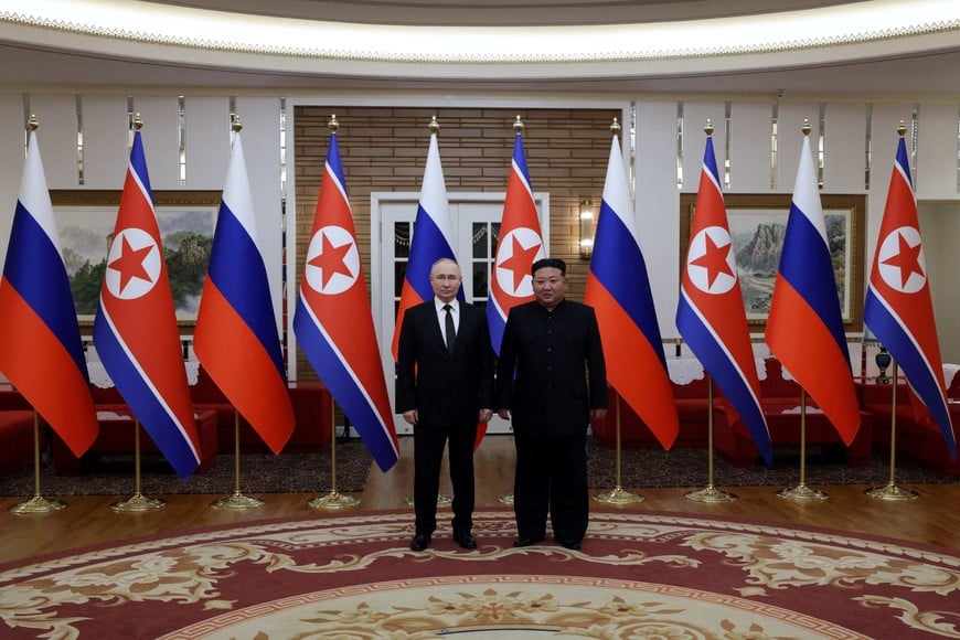 Russia's President Vladimir Putin and North Korea's leader Kim Jong Un meet in Pyongyang, North Korea June 19, 2024. Sputnik/Gavriil Grigorov/Pool via REUTERS ATTENTION EDITORS - THIS IMAGE WAS PROVIDED BY A THIRD PARTY.