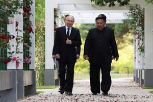 Russia's President Vladimir Putin and North Korea's leader Kim Jong Un walk during a meeting in Pyongyang, North Korea June 19, 2024. Sputnik/Gavriil Grigorov/Pool via REUTERS ATTENTION EDITORS - THIS IMAGE WAS PROVIDED BY A THIRD PARTY.