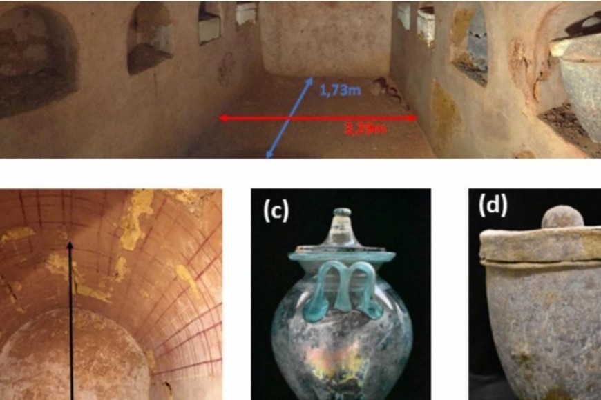 La tumba contenía ocho nichos funerarios, seis de los cuales albergaban urnas de piedra caliza, arenisca o vidrio y plomo.