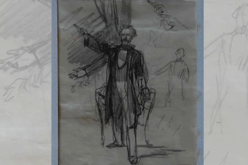 Esbozo de la figura de Juan Francisco Seguí para el cuadro "Los constituyentes del 53" de Antonio Alice. La fuerza de los trazos refleja la crucial intervención del diputado santafesino la noche del 20 de abril de 1853, momento en el que la asamblea determina proseguir las deliberaciones hasta concluir el texto constitucional.