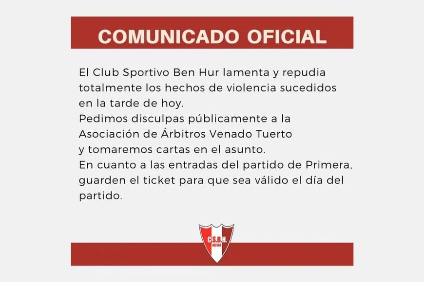Comunicado oficial de Sportivo Ben Hur.