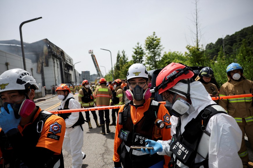 Emergency work at the site of a deadly fire at a lithium battery factory owned by South Korean battery maker Aricell, in Hwaseong, South Korea, June 24, 2024. REUTERS/Kim Hong-ji