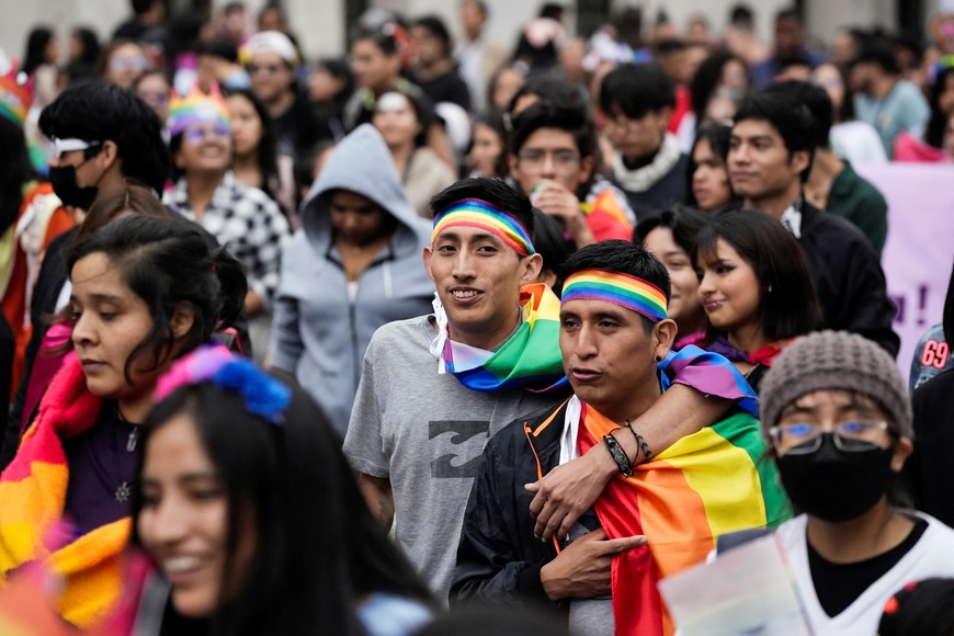 Members of Peru's LGBTQ+ community take part in the Gay Pride parade, in Lima, Peru July 1, 2023. REUTERS/Angela Ponce
