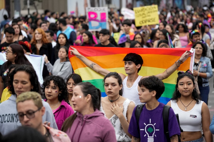 Members of Peru's LGBTQ+ community take part in the Gay Pride parade, in Lima, Peru July 1, 2023. REUTERS/Angela Ponce