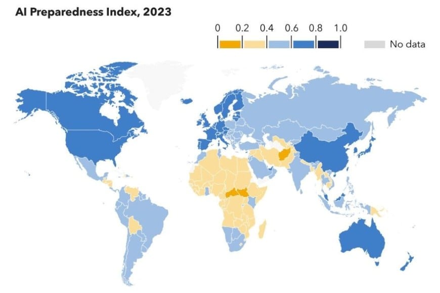 Gráfico que muestra el nivel de preparación para adoptar la inteligencia artificial según cada país. Crédito: FMI.