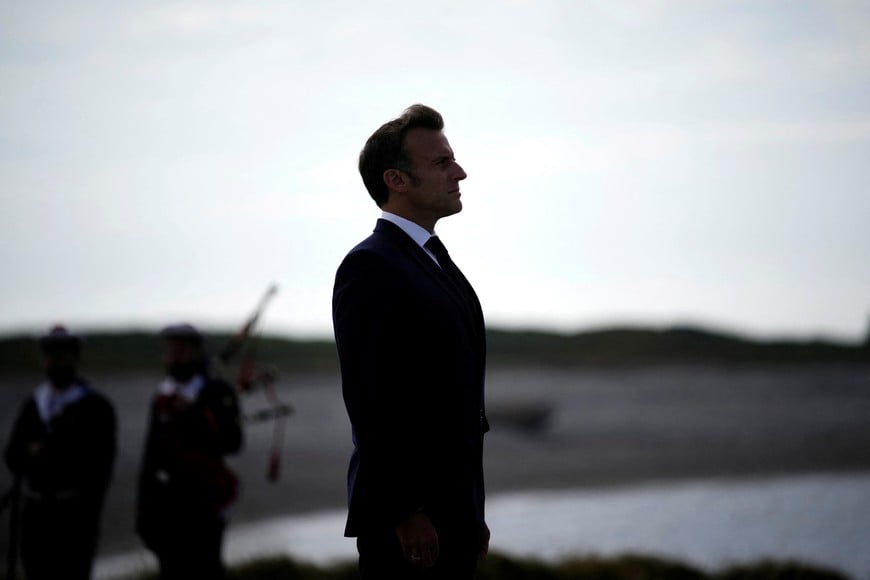 French President Emmanuel Macron attends a ceremony commemorating Charles de Gaulle's World War II resistance call of June 18, 1940, on the Île de Sein, France June 18, 2024. Christophe Ena/Pool via REUTERS