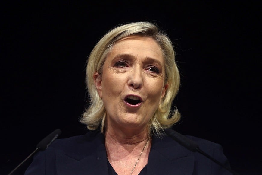 Marine Le Pen, French far-right leader and far-right Rassemblement National (National Rally - RN) party candidate, deliver a speech after partial results in the first round of the early French parliamentary elections in Henin-Beaumont, France, June 30, 2024. REUTERS/Yves Herman