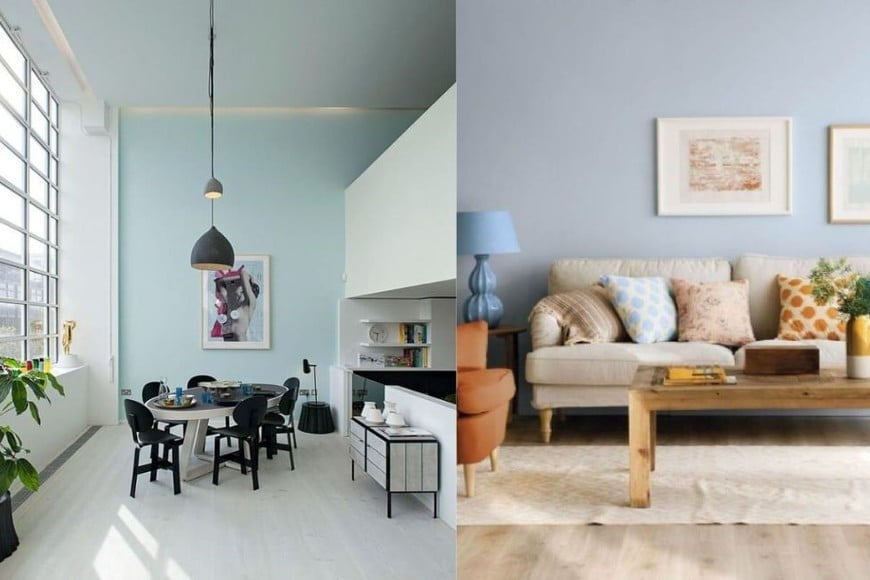Sala de estar y comedores con paredes en azul empolvado, crean un ambiente sereno y moderno.