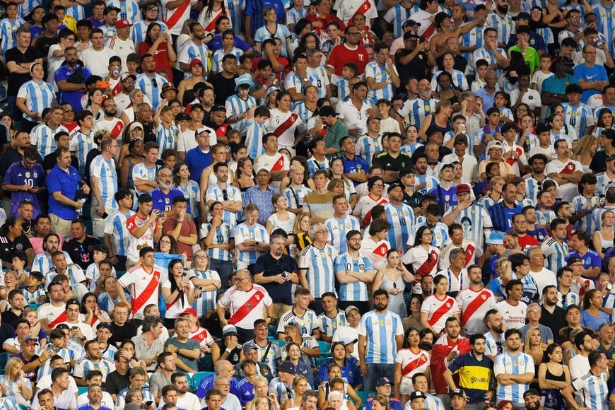 Jun 29, 2024; Miami, FL, USA;  fans cheer during a Copa America group stage match between Argentina and Peru at Hard Rock Stadium. Mandatory Credit: Nathan Ray Seebeck-USA TODAY Sports