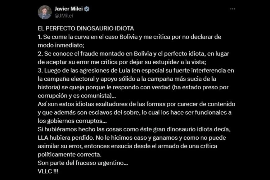 La publicación de Javier Milei en X.