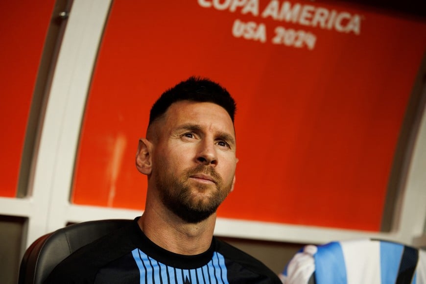 Jun 29, 2024; Miami, FL, USA;  Argentina forward Lionel Messi (10) looks on before a Copa America group stage match against Peru at Hard Rock Stadium. Mandatory Credit: Nathan Ray Seebeck-USA TODAY Sports
