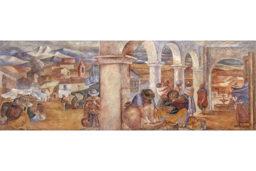 “Mercado colla” o “Mercado del altiplano”, pintura mural al fresco buono y al secco, 129 × 330 × 2 cm.: un diálogo entre la pintura renacentista y el muralismo de David Alfaro Siqueiros. Foto: Gentileza Malba