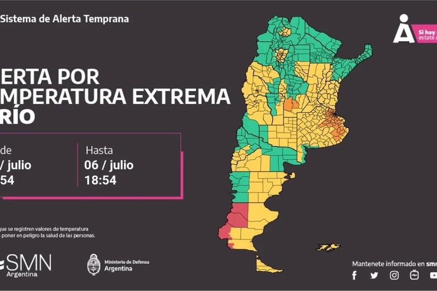 Mapa de alerta por bajas temperaturas para este sábado.