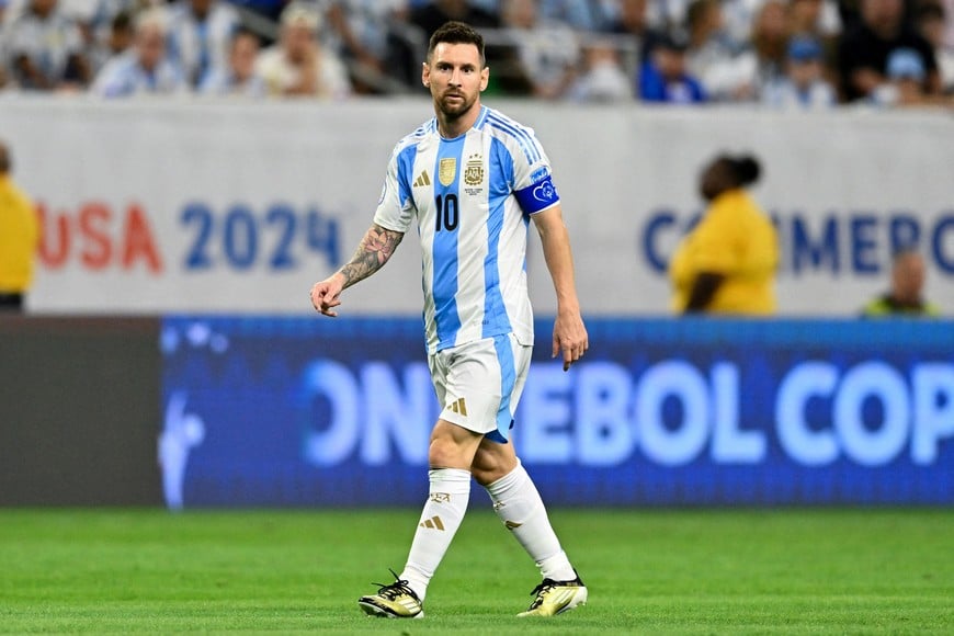 FILE PHOTO: Jul 4, 2024; Houston, TX, USA; Argentina's striker Lionel Messi (10) looks on during the first half against Ecuador in a Copa America quarterfinal soccer match at NRG Stadium. Mandatory Credit: Maria Lysaker-USA TODAY Sports/File Photo