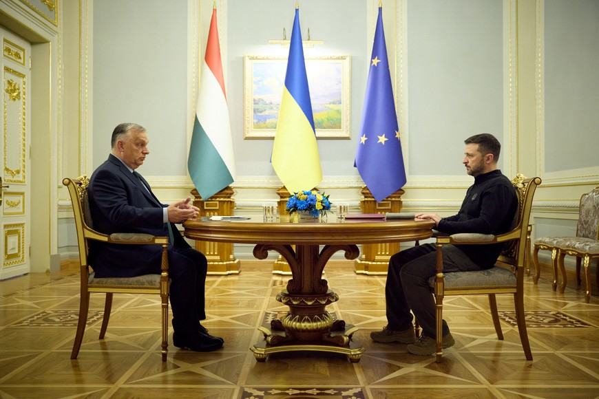 Ukraine's President Volodymyr Zelenskiy meets with Hungary's Prime Minister Viktor Orban, amid Russia's attack on Ukraine, in Kyiv, Ukraine July 2, 2024. Ukrainian Presidential Press Service/Handout via REUTERS ATTENTION EDITORS - THIS IMAGE HAS BEEN SUPPLIED BY A THIRD PARTY.