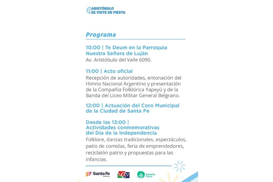 Cronograma de actividades este martes. Crédito: Municipalidad de Santa Fe