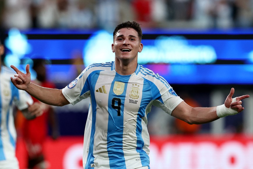 Soccer Football - Copa America 2024 - Semi Final - Argentina v Canada - MetLife Stadium, East Rutherford, New Jersey, United States - July 9, 2024
Argentina's Julian Alvarez celebrates scoring their first goal REUTERS/Agustin Marcarian