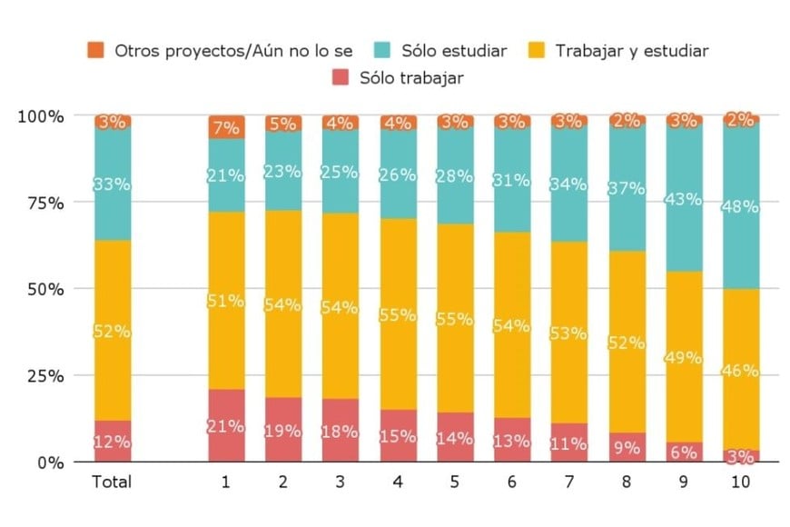 Distribución de los estudiantes del último año de secundaria según su proyecto inmediato. Fuente: Argentinos por la Educación.