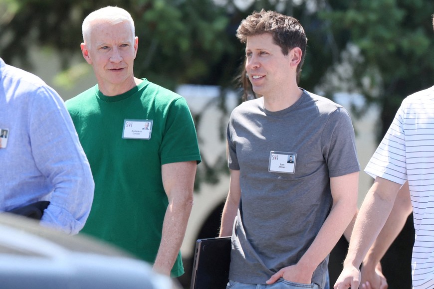 FILE PHOTO: Anderson Cooper and Sam Altman, CEO of OpenAI, attend the annual Allen and Co. Sun Valley Media and Technology Conference at the Sun Valley Resort in Sun Valley, Idaho, U.S., July 11, 2024.  REUTERS/Brendan McDermid/File Photo