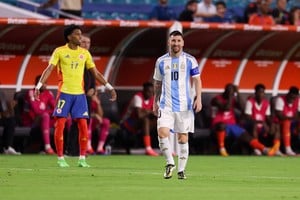 Jul 14, 2024; Miami, FL, USA;  Argentina forward Lionel Messi (10) looks on against Colombia in the second half during the Copa America Final at Hard Rock Stadium. Mandatory Credit: Nathan Ray Seebeck-USA TODAY Sports
