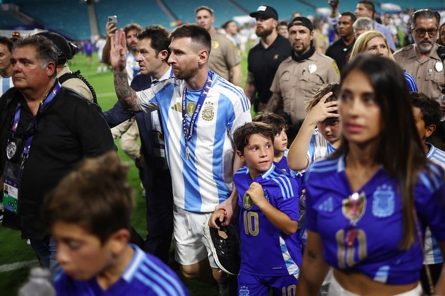 Soccer Football - Copa America 2024 - Final - Argentina v Colombia - Hard Rock Stadium, Miami, Florida, United States - July 15, 2024
Argentina's Lionel Messi with his family after winning the Copa America 2024 REUTERS/Agustin Marcarian