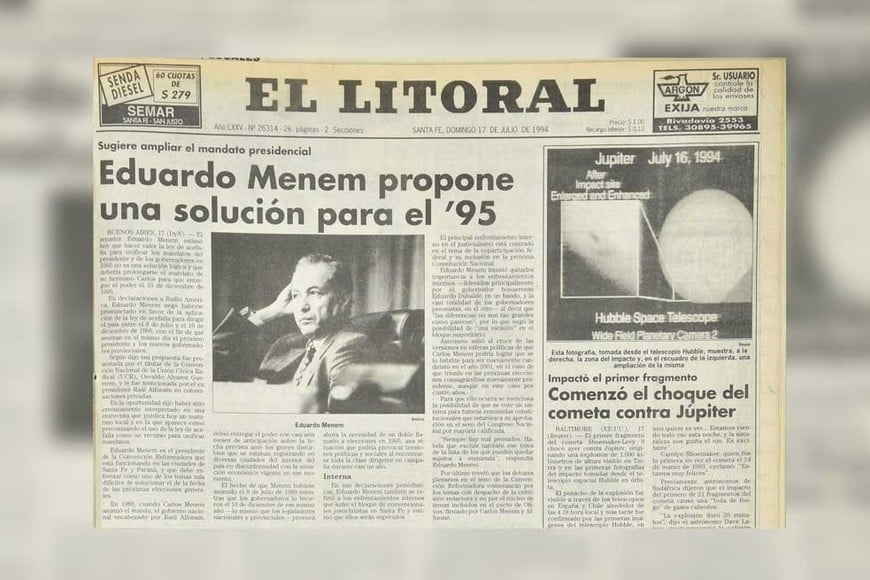 La tapa de El Litoral el domingo 17 de julio de 1994.