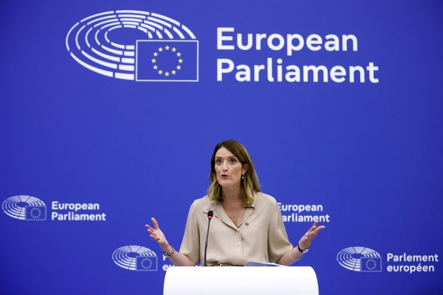 European Parliament President Roberta Metsola speaks during a press conference following her reelection during the first plenary session of the newly elected European Parliament in Strasbourg, France, July 16, 2024. REUTERS/Johanna Geron