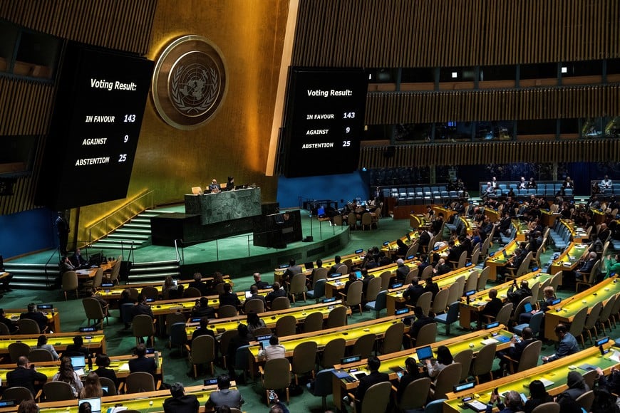 Screens show the voting result during the United Nations General Assembly vote on a draft resolution that would recognize the Palestinians as qualified to become a full U.N. member, in New York City, U.S. May 10, 2024. REUTERS/Eduardo Munoz