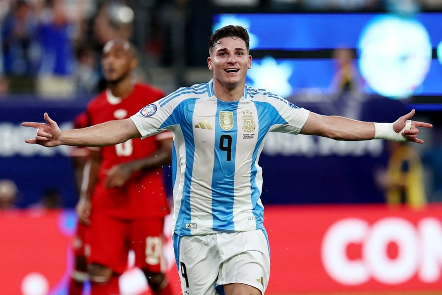 Soccer Football - Copa America 2024 - Semi Final - Argentina v Canada - MetLife Stadium, East Rutherford, New Jersey, United States - July 9, 2024
Argentina's Julian Alvarez celebrates scoring their first goal REUTERS/Agustin Marcarian     TPX IMAGES OF THE DAY