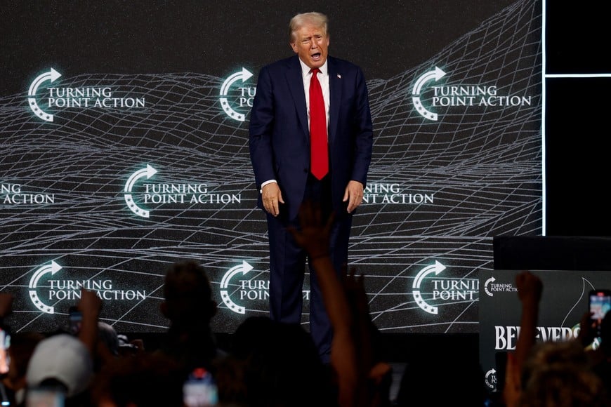Republican presidential nominee and former U.S. President Donald Trump attends Turning Point Action's The Believers Summit 2024 in West Palm Beach, Florida, U.S., July 26, 2024. REUTERS/Marco Bello