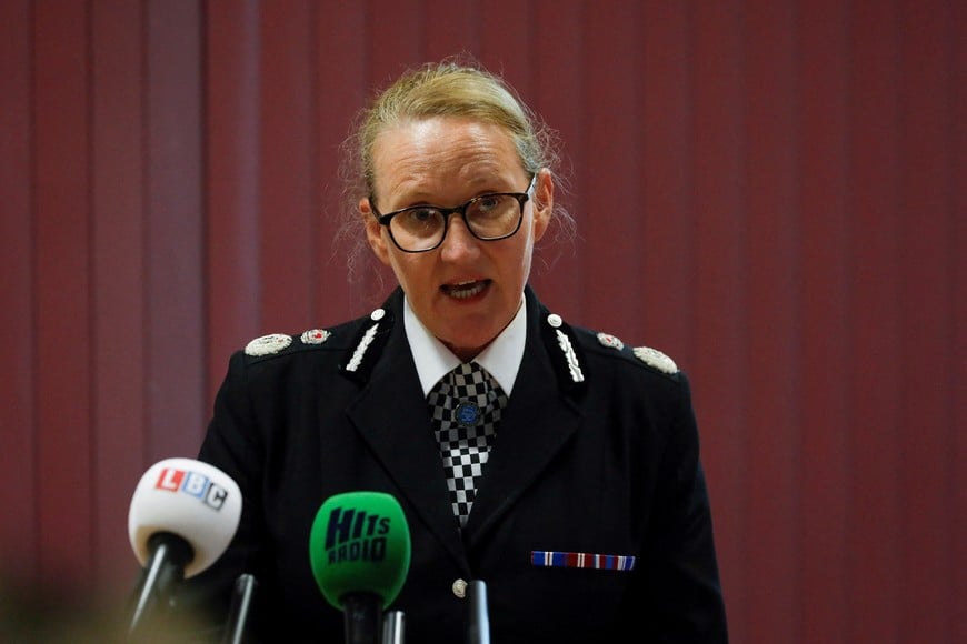 Serena Kennedy, Chief Constable Merseyside Police speaks during a press conference at Southport Community Fire Station, after at least, eight persons were stabbed at an event, in Southport, Britain, July 29, 2024. REUTERS/Temilade Adelaja