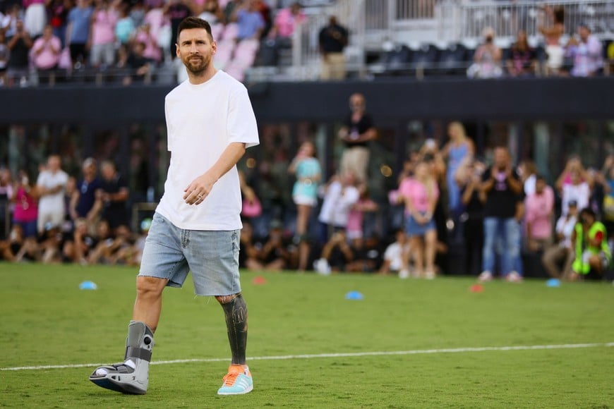 Jul 20, 2024; Fort Lauderdale, Florida, USA; Inter Miami CF forward Lionel Messi (10) looks on before the match between Inter Miami CF and Chicago Fire FC at Chase Stadium. Mandatory Credit: Sam Navarro-USA TODAY Sports
