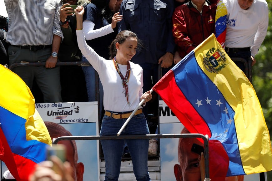 Venezuelan opposition leader Maria Corina Machado gestures during a march amid the disputed presidential election, in Caracas, Venezuela August 3, 2024. REUTERS/Fausto Torrealba