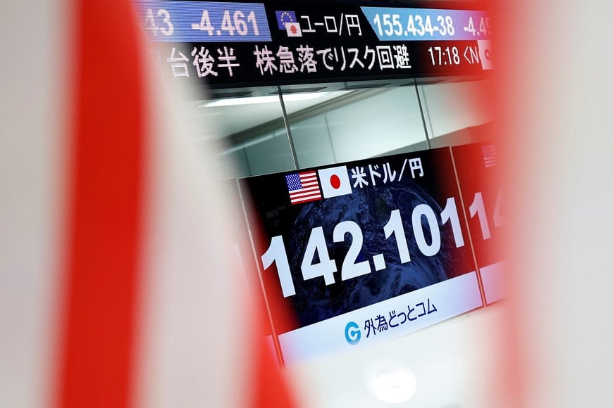 Monitors displaying the Japanese yen exchange rate against the U.S. dollar are seen at a foreign exchange trading company Gaitame.com in Tokyo, Japan, August 5, 2024. REUTERS/Willy Kurniawan