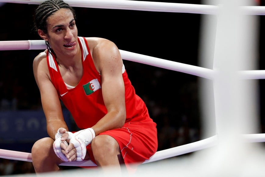 Paris 2024 Olympics - Boxing - Women's 66kg - Quarterfinal - North Paris Arena, Villepinte, France - August 03, 2024.
Imane Khelif of Algeria reacts after winning her fight against Anna Luca Hamori of Hungary. REUTERS/Peter Cziborra