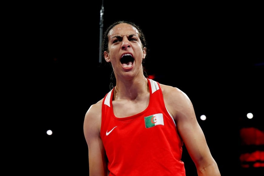 Paris 2024 Olympics - Boxing - Women's 66kg - Quarterfinal - North Paris Arena, Villepinte, France - August 03, 2024.
Imane Khelif of Algeria celebrates after winning her fight against Anna Luca Hamori of Hungary. REUTERS/Peter Cziborra