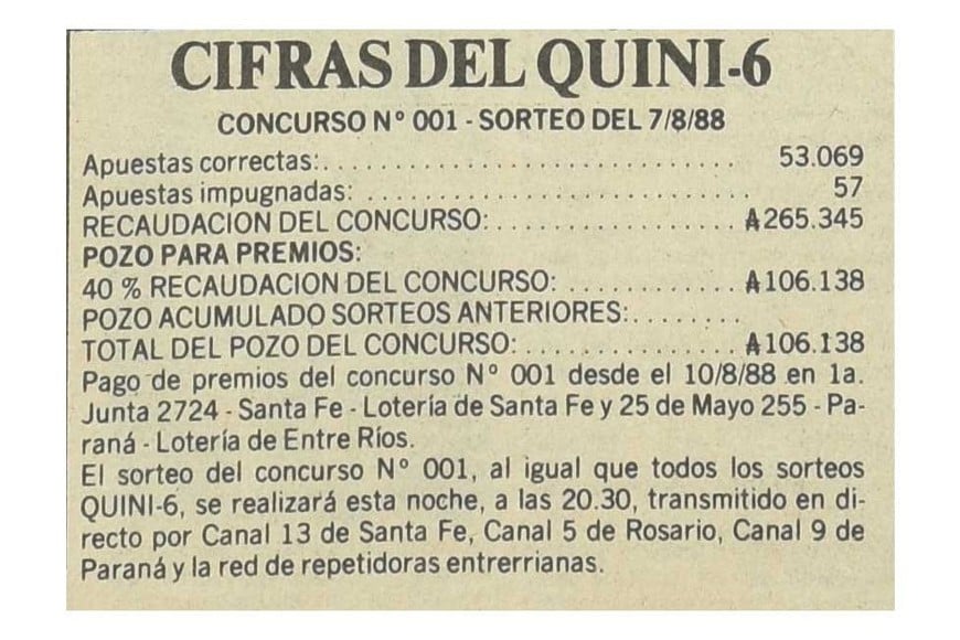 El primer sorteo de Quini 6, en las páginas de El Litoral