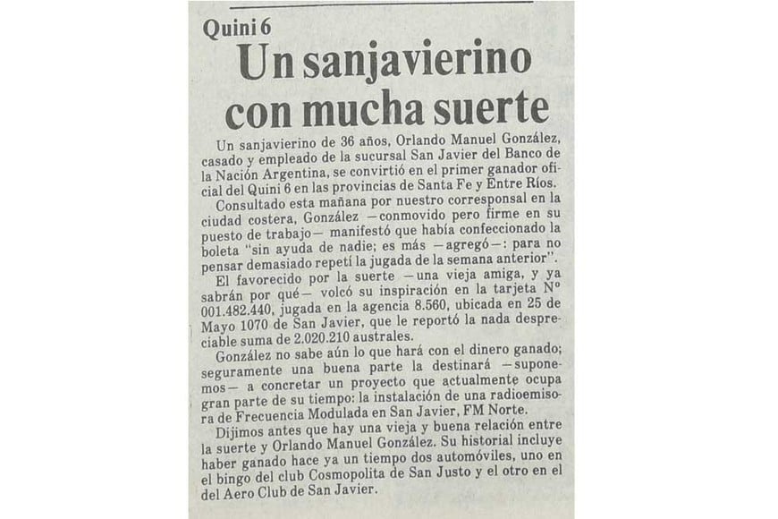 El recorte de El Litoral, con el primer ganador de Quini 6.