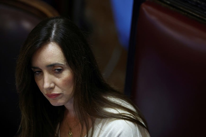 Argentina's Vice President and President of the Senate, Victoria Villarruel, looks on as lawmakers meet to debate a necessity and urgency decree, whose objective is to deregulate the economy, among other measures, at the National Congress in Buenos Aires, Argentina March 14, 2024. REUTERS/Agustin Marcarian