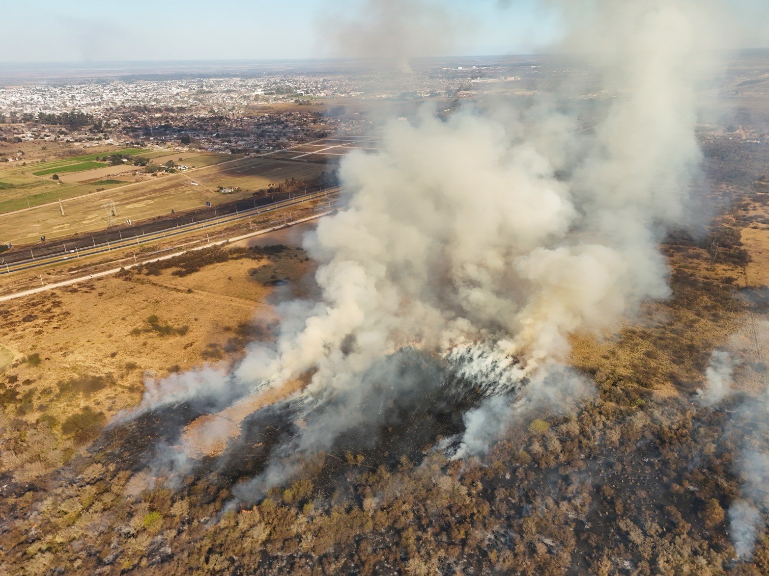 Incendio a la vera de la autopista Santa Fe - Rosario.