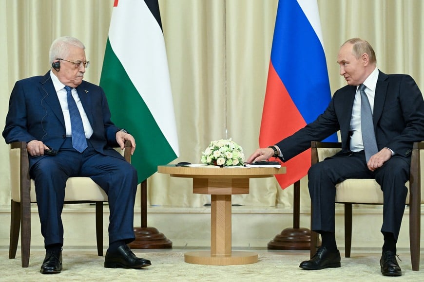 Russian President Vladimir Putin attends a meeting with Palestinian President Mahmoud Abbas outside Moscow, Russia August 13, 2024. Sputnik/Alexey Maishev/Pool via REUTERS ATTENTION EDITORS - THIS IMAGE WAS PROVIDED BY A THIRD PARTY.