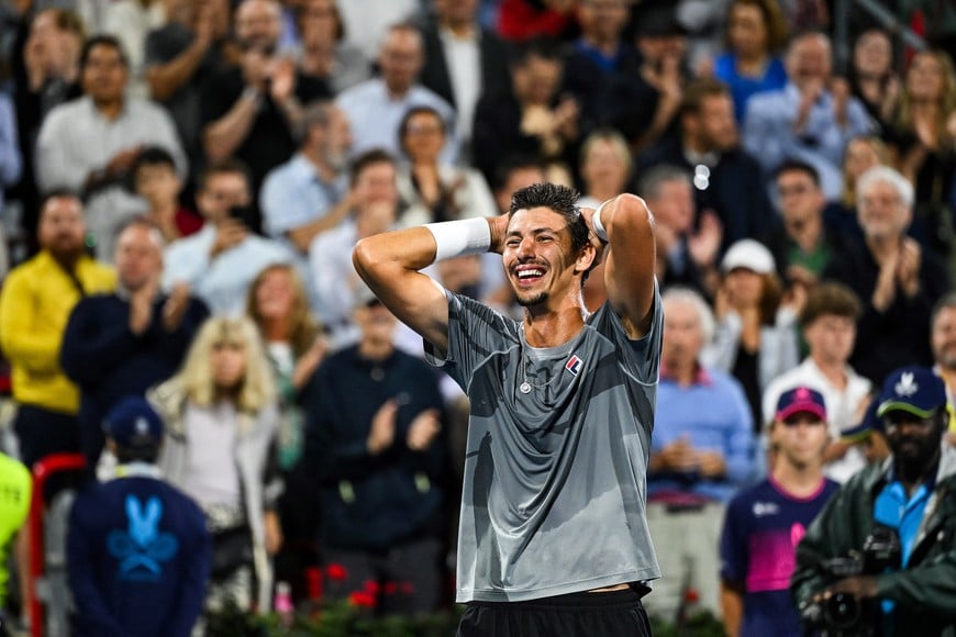 Aug 12, 2024; Montreal, Quebec, Canada; Alexei Popyrin (AUS) reacts after his win of the singles final at IGA Stadium. Mandatory Credit: David Kirouac-USA TODAY Sports