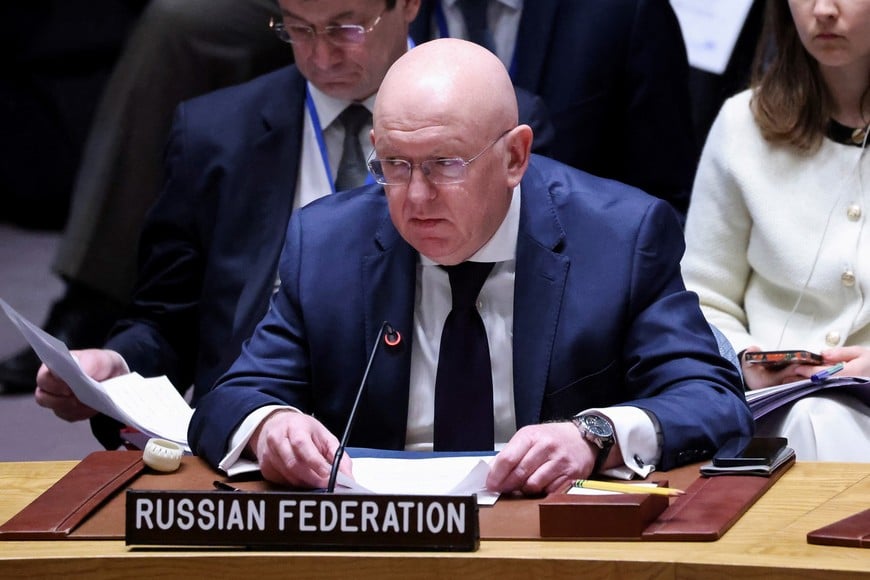 Russia's Representative to the United Nations Vassily Nebenzia addresses the Security Council on the day of a vote on a Gaza resolution that demands an immediate ceasefire for the month of Ramadan leading to a permanent sustainable ceasefire, and the immediate and unconditional release of all hostages, at U.N. headquarters in New York City, U.S., March 25, 2024. REUTERS/Andrew Kelly