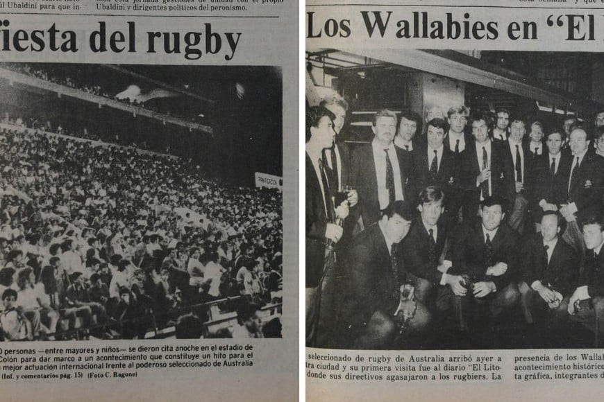 Imágenes históricas. A la izquierda, la platea oeste de Colón, repleta para ver el partido. A la derecha, el plantel de los Wallabies que estuvo de visita en las antiguas instalaciones de diario "El Litoral".