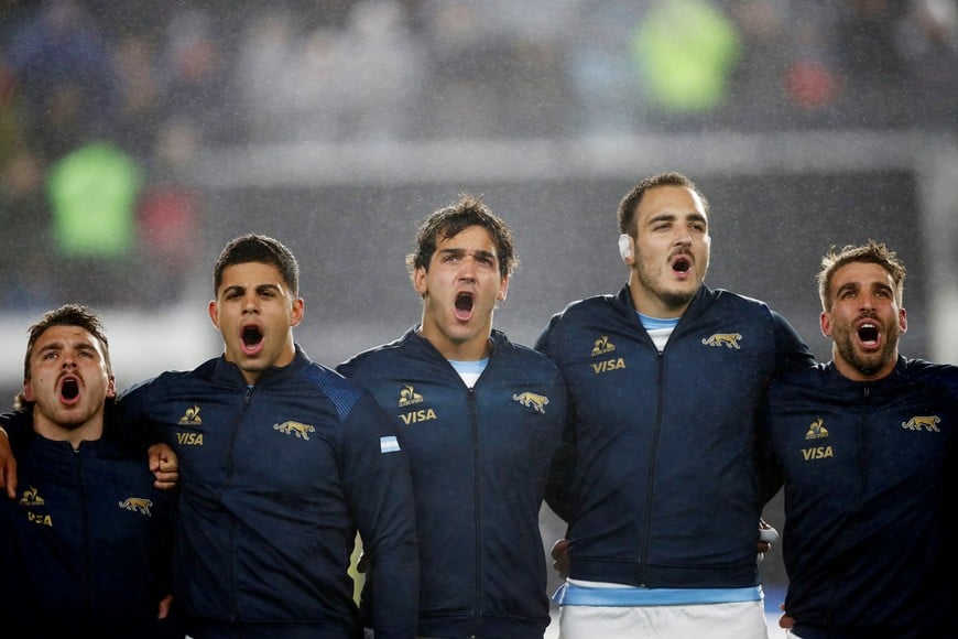 Rugby Union - Rugby Championship - Argentina v Australia - Estadio Jorge Luis Hirschi, La Plata, Argentina - August 31, 2024
Argentina line up during the national anthems before the match REUTERS/Cristina Sille