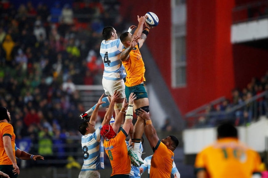 Rugby Union - Rugby Championship - Argentina v Australia - Estadio Jorge Luis Hirschi, La Plata, Argentina - August 31, 2024
Argentina's Franco Molina in action with Australia's Harry Wilson REUTERS/Cristina Sille