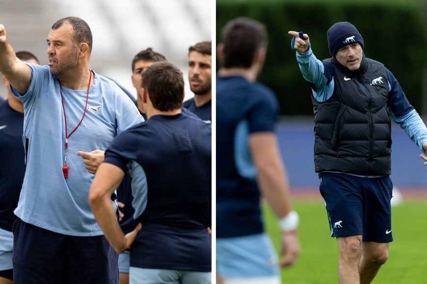 Michael Cheika y Felipe Contepomi durante el Mundial de Francia en 2023. Crédito: Prensa UAR.