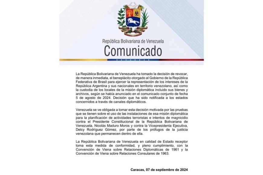 El comunicado oficial del gobierno de Venezuela.